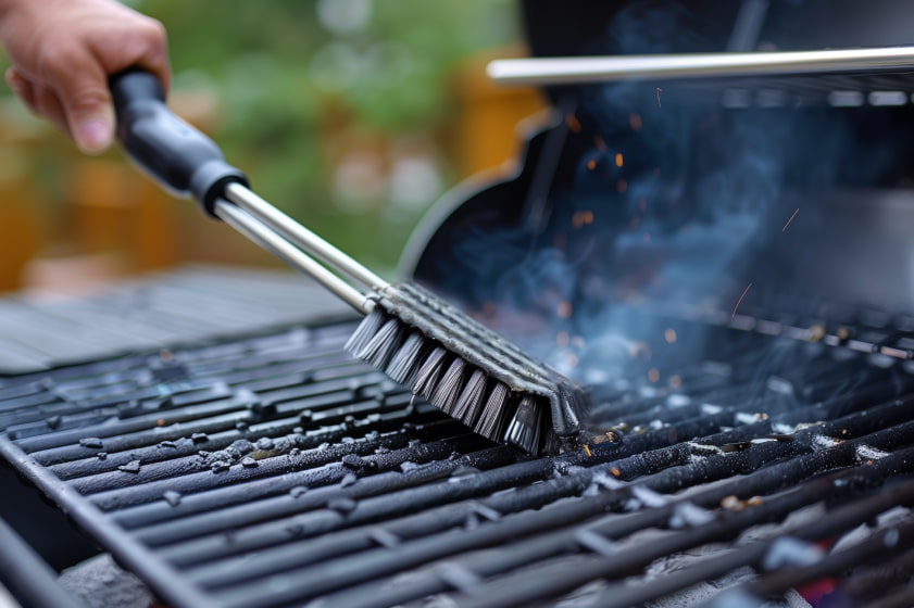 Scrubbing a BBQ grill with a wire brush