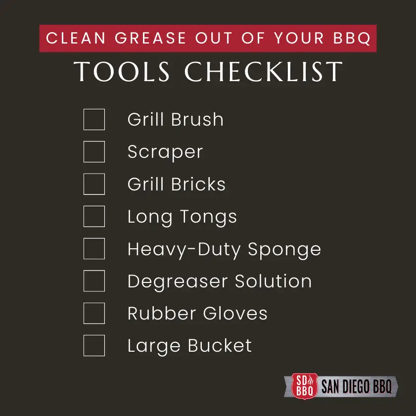 A checklist for tools to use when cleaning the grease out of your BBQ - items listed: Grill Brush, Scraper, Grill Bricks, Long Tongs, Heavy-Duty Sponge, Degreaser Solution, Rubber Gloves, Large Bucket.