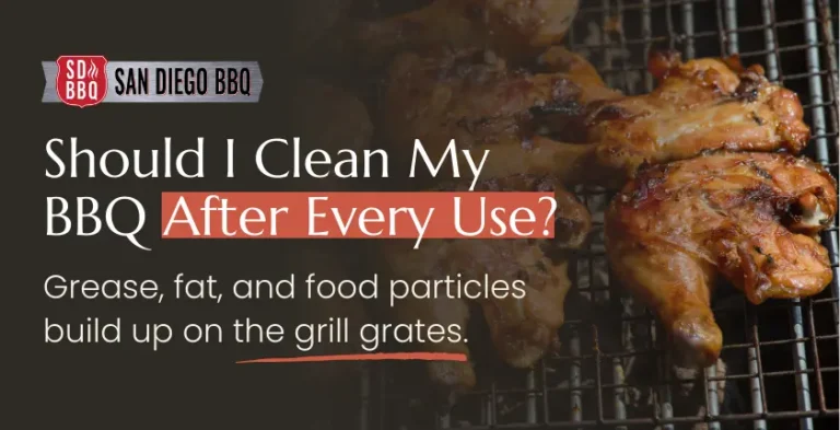 Should I clean my BBQ after every use? Grease, fat, and food particles build up on the grill grates. With a background image of grilled chicken pieces on a BBQ grill.