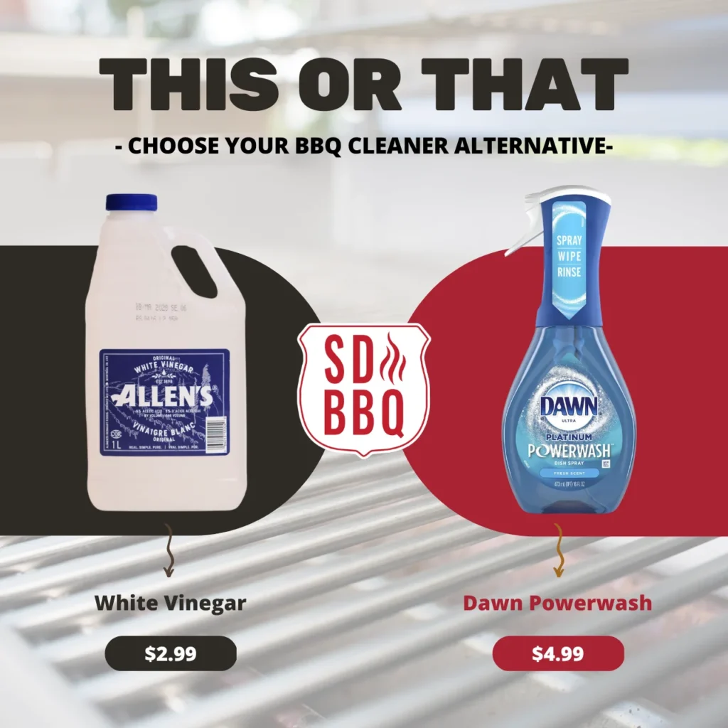 A comparison of white vinegar and Dawn Powerwash as BBQ cleaner alternatives.