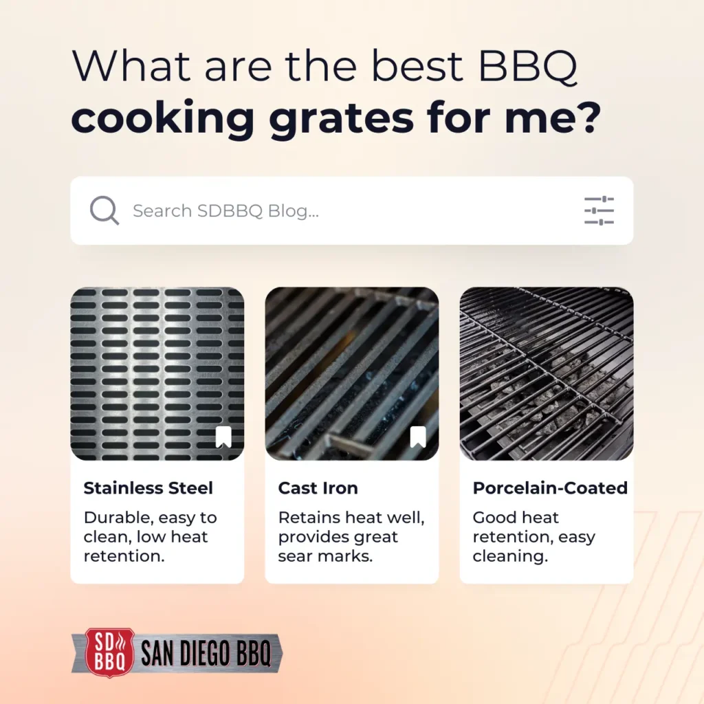 Comparison of stainless steel, cast iron, and porcelain-coated cooking grates for grilling.