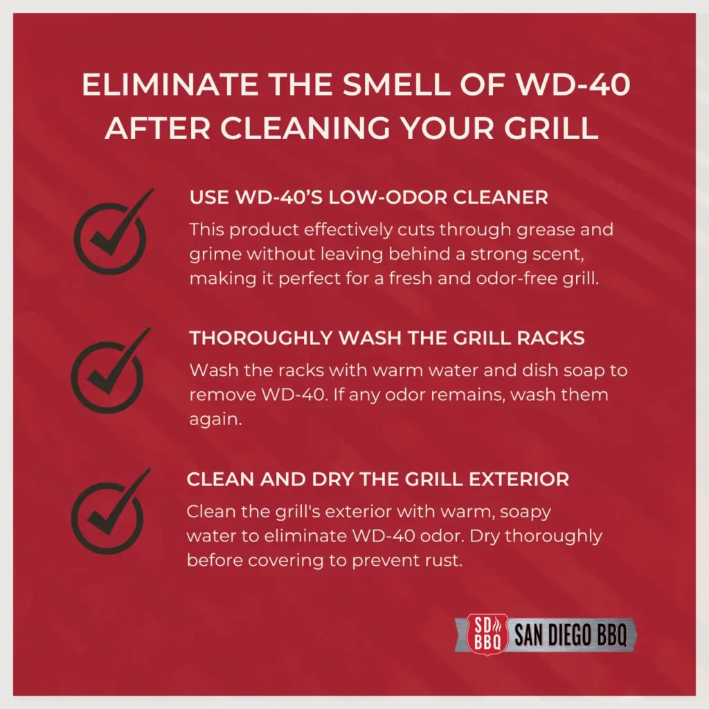 Steps to eliminate WD-40 odor after cleaning your grill, including using low-odor cleaner, thoroughly washing grill racks, and cleaning the exterior.