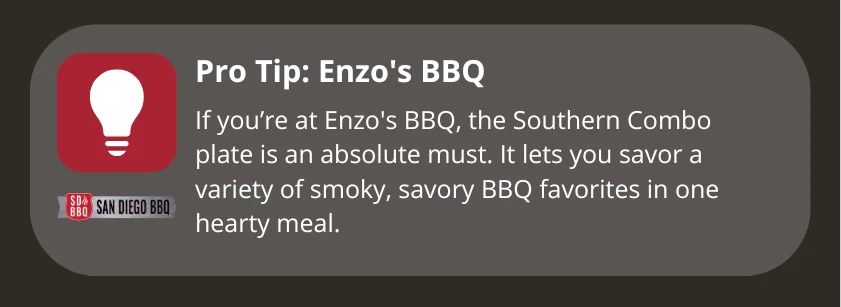 We recommend the southern combo plate at Enzo's BBQ for a hearty selection of smoky, savory BBQ options.