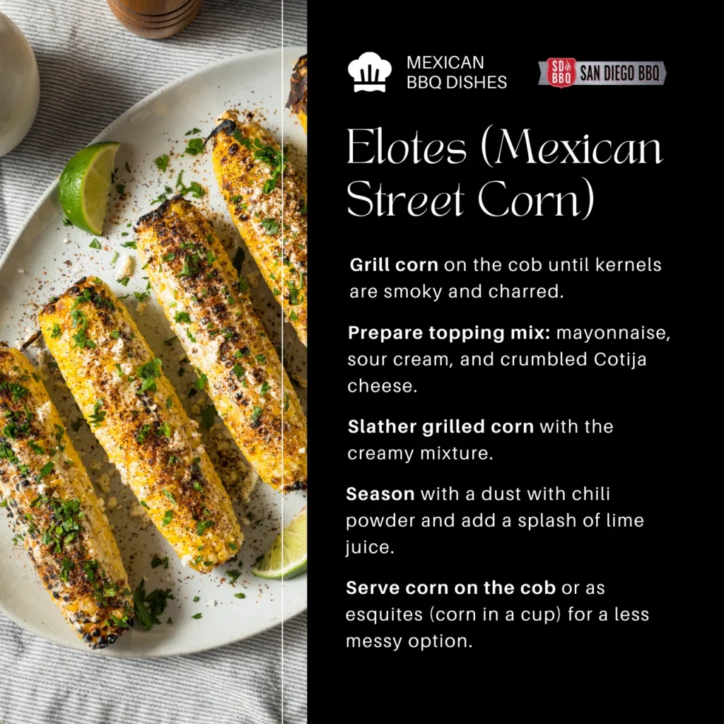 Grilled elotes, or Mexican street corn, topped with creamy cotija cheese mix and seasoned with chili powder and lime juice.