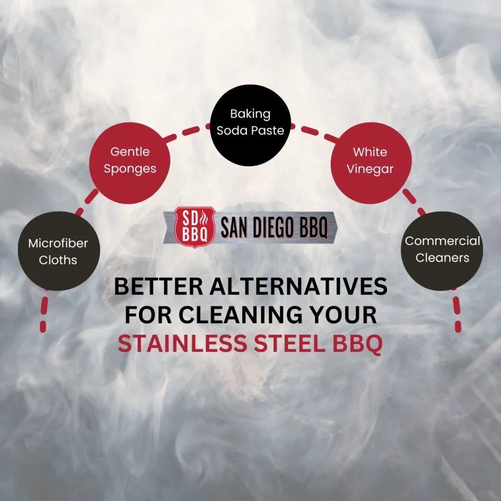 Safer alternatives to steel wool for cleaning stainless steel BBQs, including microfiber cloths and commercial cleaners.