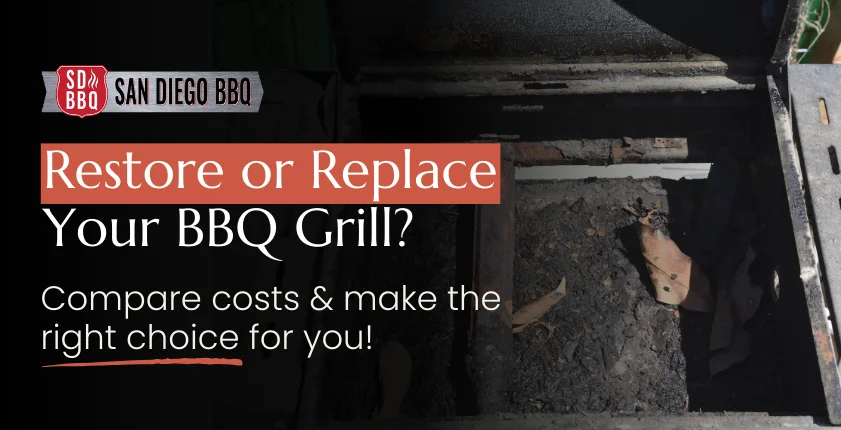 Restore or replace a BBQ grill? A worn-out grill in the background and a call-to-action for making an informed decision.